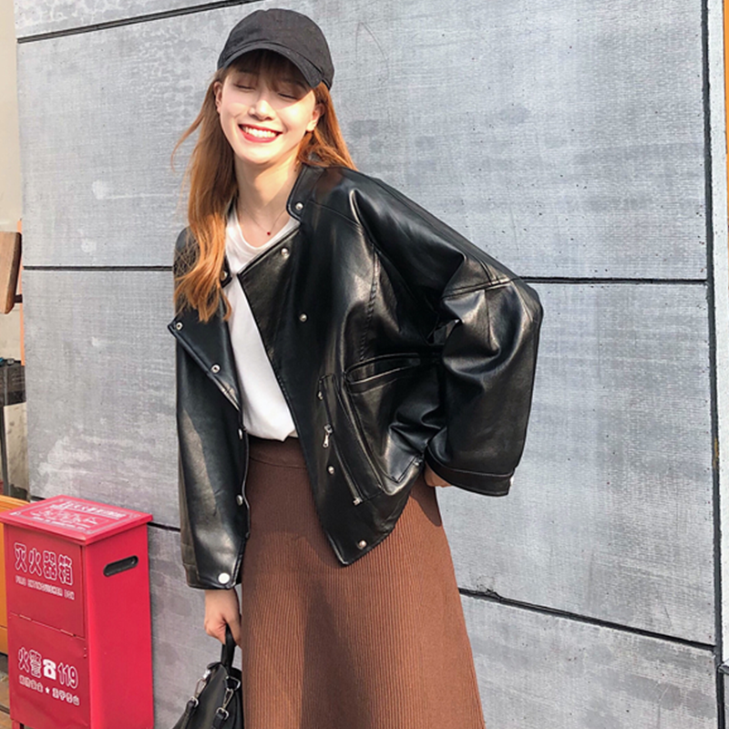 学園風春新作ファッション韓国風ルーズ合わせやすいPU革ジャケット