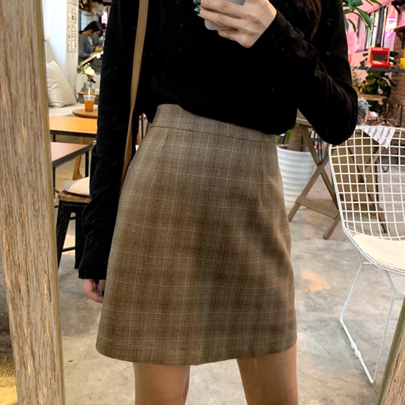 韓国風ハイウエスト着やせAラインチェック柄レトロ風スカート
