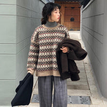 画像をギャラリービューアに読み込む, 韓国風ラウンドネック長袖独特模様配色柔らかレトロ風セーター
