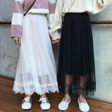 画像をギャラリービューアに読み込む, 韓国風スウィートレース飾り裾チュール無地ロングスカート
