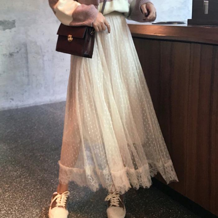 韓国風スウィートレース飾り裾チュール無地ロングスカート