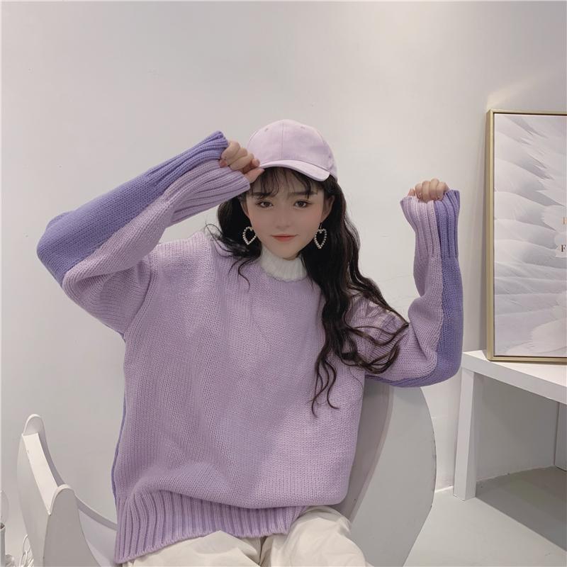韓国風スウィート配色切り替えゆったり合わせやすいセーター