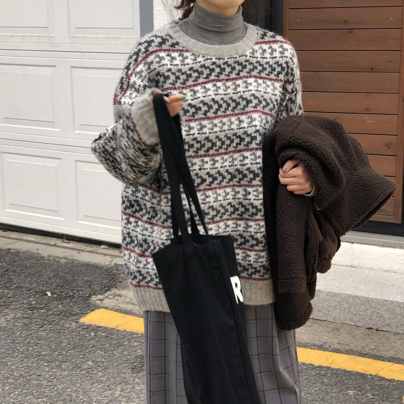 韓国風ラウンドネック長袖独特模様配色柔らかレトロ風セーター